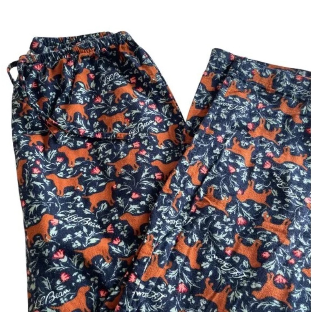 LL Bean Small Dog Print Pajama Lounge Pants Blue Drawstring Flannel Brand New